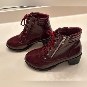 Forever Burgundy Patent Leather Lace-Up Combat Ankle Boots, Size 9.
